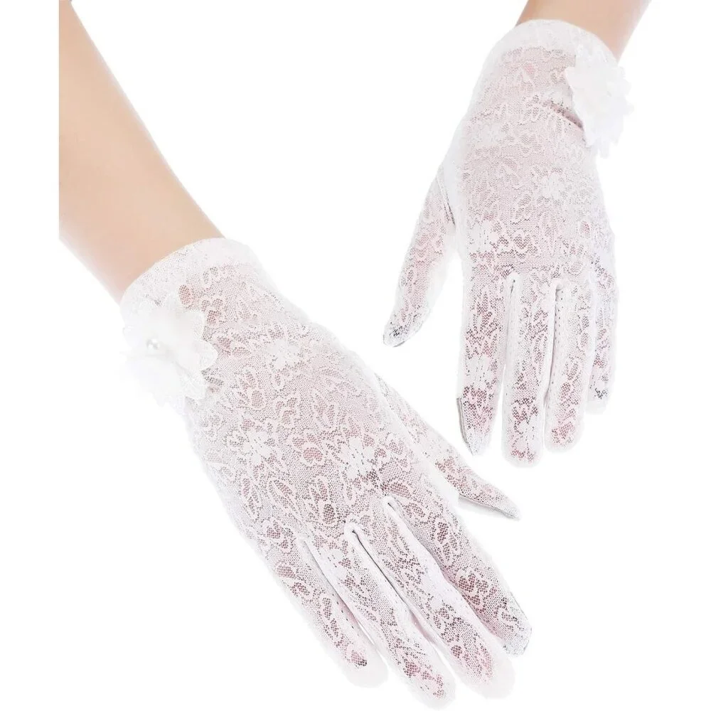 Women's White Fingerless Floral Short Lace Gloves Party Tea Halloween Wedding